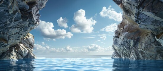 Aufkleber - Rocky entrance to the sea set against a blue sky with clouds in the background ideal for a copy space image