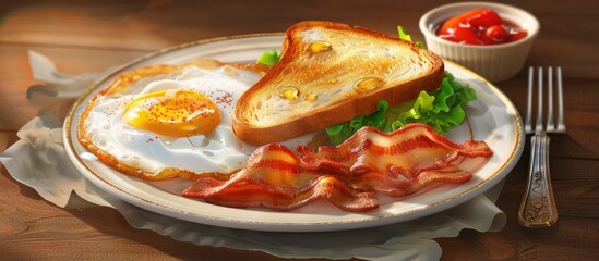 Poster - Plate with delicious grilled bread fried egg and crispy bacon displayed on a table with a blank area for additional content in the image