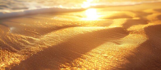Poster - A serene horizontal photo shows golden sand basking in the morning sunlight with copy space image