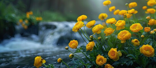 Poster - Ranunculus flowers in yellow bloom by a forest river with copy space image