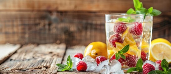 Poster - Detox fruits infusing water with ice raspberries lemon and mint on a wooden background in a refreshing summer cocktail with selective focus on a copy space image