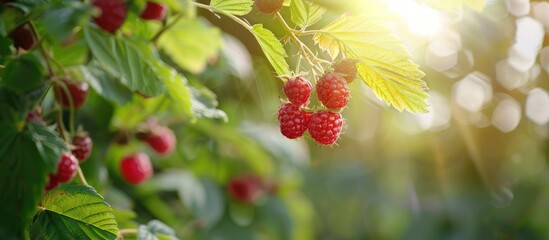 Poster - Ripe raspberry branch in garden with selective focus and shallow depth of field perfect for copy space image