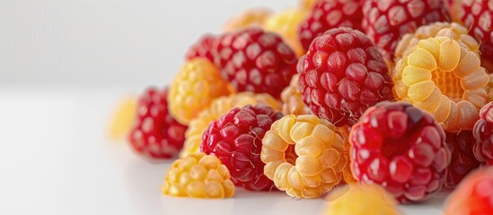 Poster - Close up photo of fresh red and yellow raspberries with copy space image