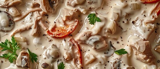 Poster - Close up of creamy sauce covering roasted shredded meat and vegetables copy space image