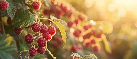 Aufkleber - Ripe red raspberries growing on the bush in an autumn garden showcasing healthy and fresh natural food with a beautiful copy space image