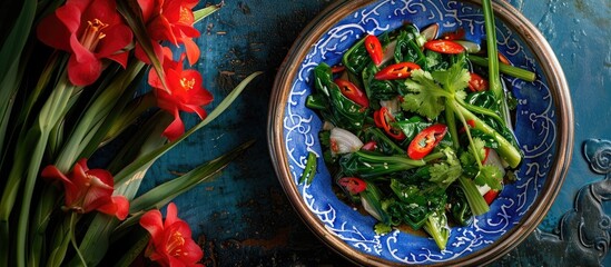 Poster - Traditional stir fried morning glory with chili and oyster sauce displayed in a vibrant dish creating an enticing meal perfect for culinary exploration with a copy space image