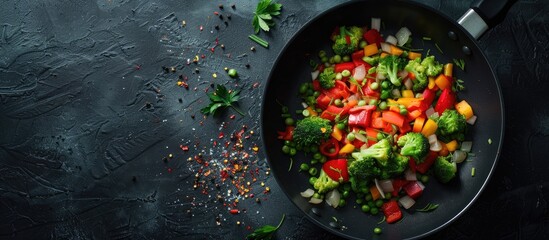 Poster - Sauteing chopped veggies in a skillet with copy space image