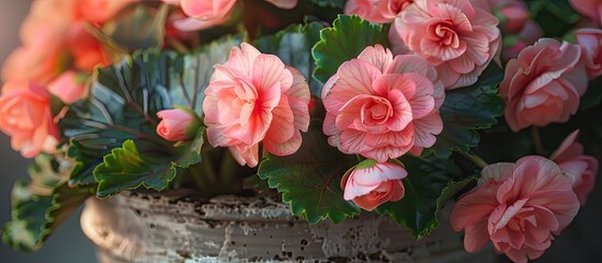 Aufkleber - Detailed close up photograph of pink begonia flowers in a pot showcasing textures patterns and intricate details in natural light with a copy space image