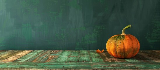 Poster - Wooden green table with Hokkaido pumpkin as copy space image