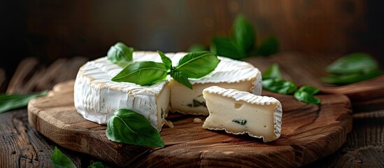 Poster - Closeup of delicious brie cheese with basil on a wooden board with copy space image