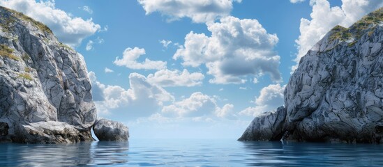 Aufkleber - Rocky entrance to the sea set against a blue sky with clouds in the background ideal for a copy space image