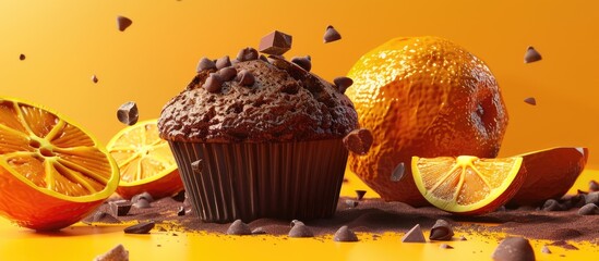 Poster - A delicious arrangement featuring a chocolate muffin and vibrant oranges showcased in a captivating copy space image