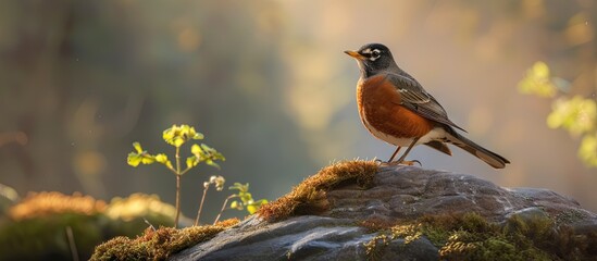 Poster - An American Robin Turdus migratorius perched with a serene backdrop ideal for a copy space image