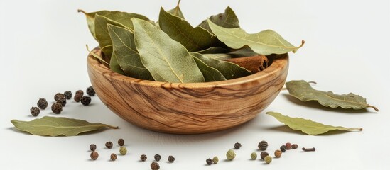 Poster - Wooden bowl with bay leaves on white backdrop ideal for copy space image Includes various spices and food components