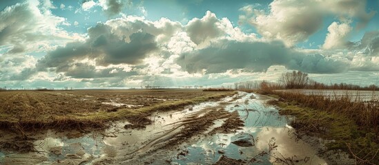 Aufkleber - A serene landscape captured in a copy space image showcasing a fishing pattern against the backdrop of the sky over a muddy field