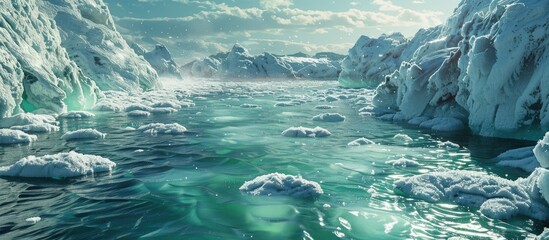 Poster - Scene showcasing ice floating in a bay with emerald green waters ideal for a copy space image capturing the winter ambiance