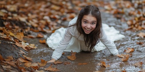 girl slips and falls in mud in maple forest. generative ai