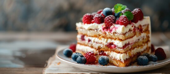Poster - Close up view of a delicious homemade layered cake with copy space image