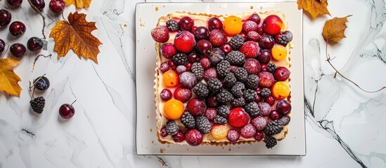 Poster - A homemade holiday cake with blackberries and plums on a square tray set on a white marble table in autumn or summer shown in a copy space image