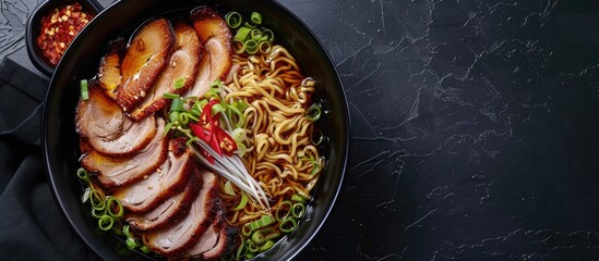 Poster - Close up view of mouth watering Asian cuisine duck noodle dish with copy space image