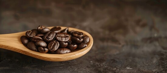 Poster - Close up view of a wooden spoon with coffee beans ideal as a copy space image