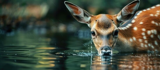 Aufkleber - A female deer drinking water in a close up copy space image
