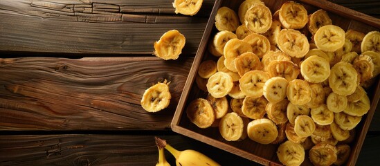 Poster - Bananas fried and arranged on a wooden tray with ample copy space image