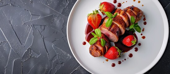 Poster - A white plate displaying roasted duck breast topped with strawberries against a simple background with copy space image