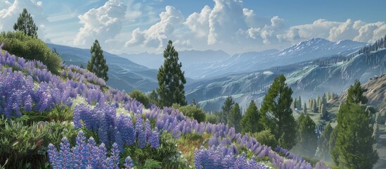 Aufkleber - A scenic landscape featuring blooming lupines on a hilly terrain with trees in the backdrop ideal for copy space image