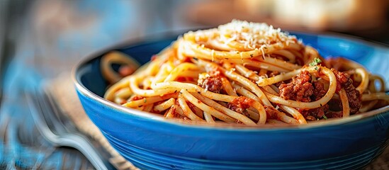 Poster - A close up photo of spaghetti with meat sauce in a blue bowl with copy space image included