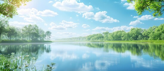 Poster - A serene summer day with a clear blue sky above a tranquil lake creating a picturesque scenery for a copy space image