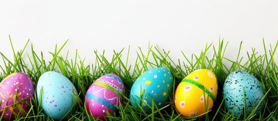 Poster - Easter themed greeting card featuring colorful eggs and fresh green grass set against a white backdrop with copy space image