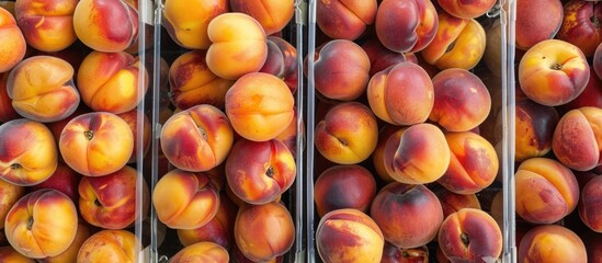 Poster - Apricots arranged neatly in clear boxes at the farmer s market with copy space image
