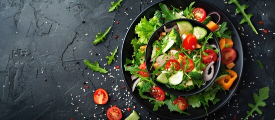 Poster - A delicious Japanese vegetable salad with colorful toppings displayed on a table with copy space image