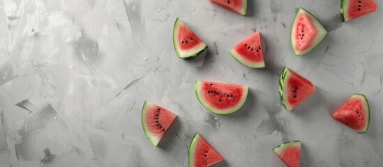 Poster - Watermelon slices displayed on a grey backdrop with copy space image