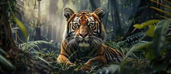 Poster - Solitary tiger in a jungle setting with a dramatic copy space image