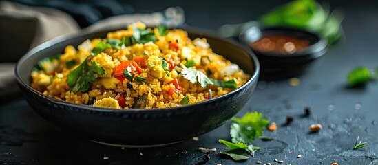 Poster - Close up view of Egg Bhurji Anda Bhurji served in a black bowl with salad dressing against a copy space image