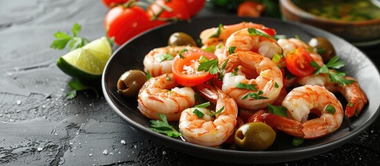 Poster - Shrimp cooked with herbs olives lime and tomatoes on a plate with copy space image