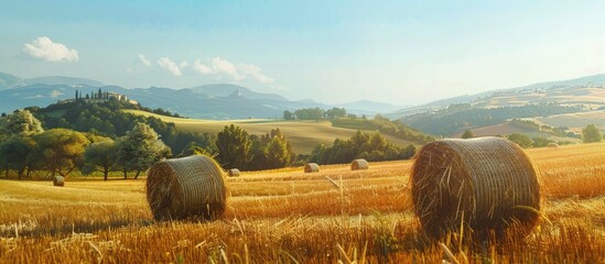 Aufkleber - Hay bales on a village field with a beautiful scenic view and a clear sky above perfect for a copy space image