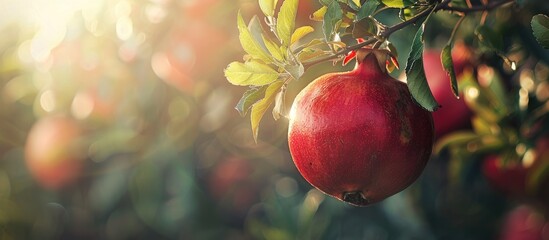 Poster - A ripe pomegranate hanging on a tree with copy space image