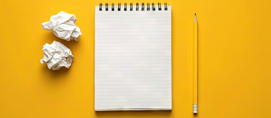 Aufkleber - An empty notebook a pencil and crumpled papers are arranged on a yellow background indicating a concept of creativity or the creation process with room for additional content in the image