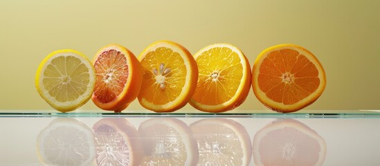 Poster - Freshly sliced oranges and lemons arranged on glass with copy space image available