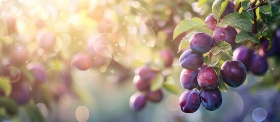 Poster - A sunny morning in the garden showcases ripe plums hanging from branches with a selective focus creating a blurred background perfect for copy space image