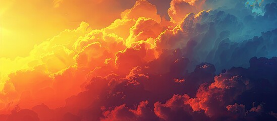 Poster - Golden sunlight illuminates red orange and yellow clouds against a dark blue sky at twilight creating a mesmerizing copy space image