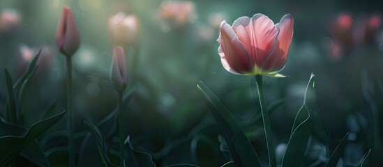 Wall Mural - Tulip flower in a garden with a beautiful copy space image