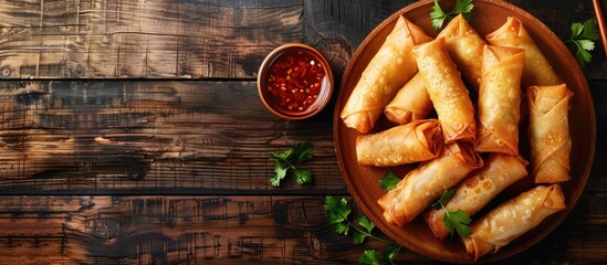 Poster - Spring rolls deep fried with plum sauce on a wooden backdrop create a delectable scene with copy space image