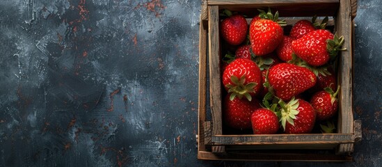 Poster - Strawberries arranged in a wooden box on a dark backdrop below a blank copy space image