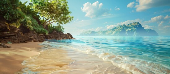 Scenic sandy shore beside clear blue waters with a copy space image