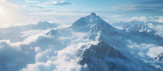 Poster - A scenic aerial perspective overlooking clouds from a towering peak with copy space image