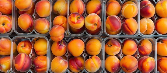 Poster - Apricots arranged neatly in clear boxes at the farmer s market with copy space image